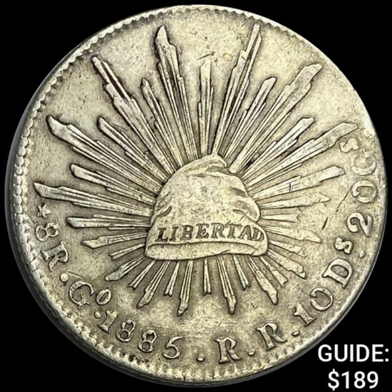 1885Go RR Mexico Silver 8 Reales Cap&Ray NEARLY UNCIRCULATED