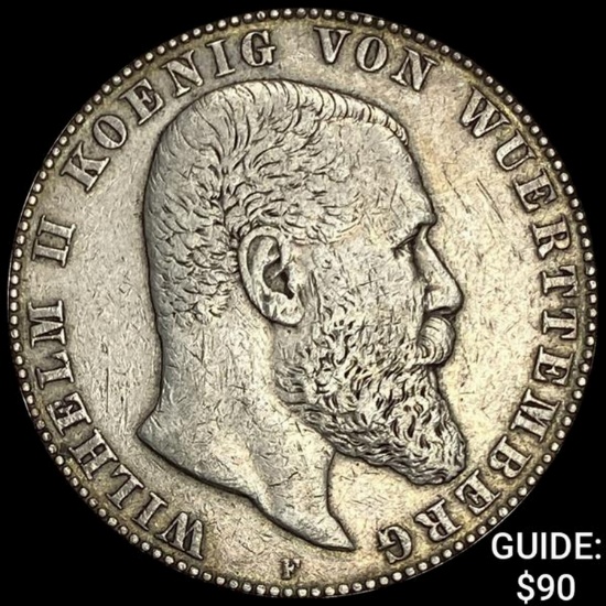 1900-F Wurttemberg Silver 5 Reichsmark NEARLY UNCIRCULATED