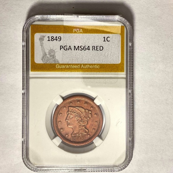 1849 Braided Hair Large Cent PGA MS64 RED