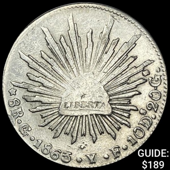 1863Go VF Mexico Silver 8 Reales Cap&Ray NEARLY UNCIRCULATED