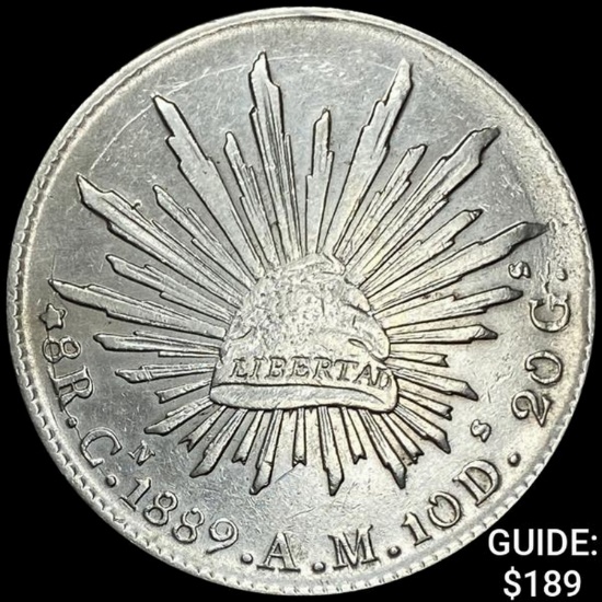 1889Cn AM Mexico Silver 8 Reales Cap&Ray NEARLY UNCIRCULATED