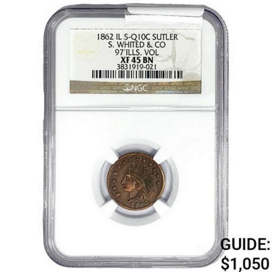 1862 IL Token S-Q10C Sutler NGC XF45 BN Whited&Co