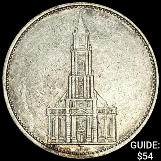 1934-F Germany Silver 5 Reichsmark CLOSELY UNCIRCULATED