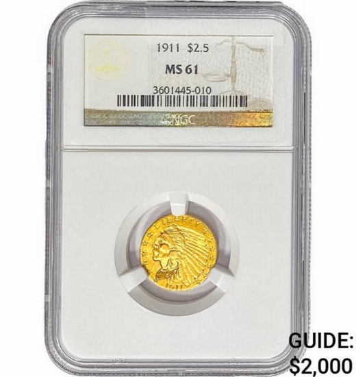 1911 $2.50 Gold Quarter Eagle NGC MS61