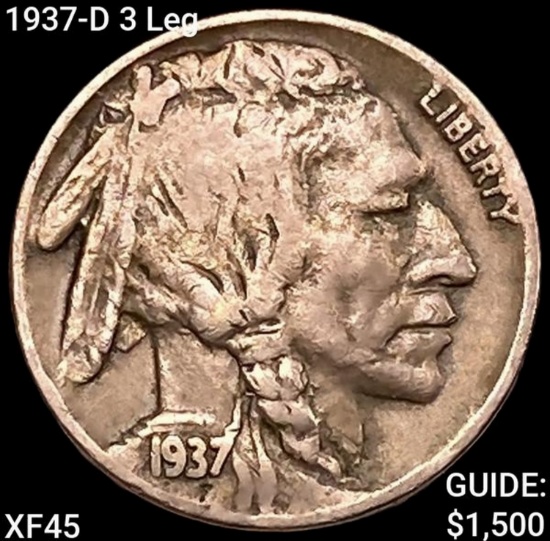 1937-D 3 Leg Buffalo Nickel NEARLY UNCIRCULATED