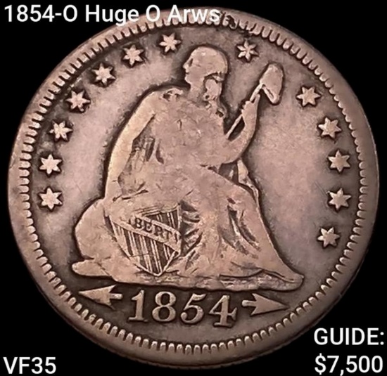 1854-O Huge O Arws Seated Liberty Quarter ABOUT UNCIRCULATED