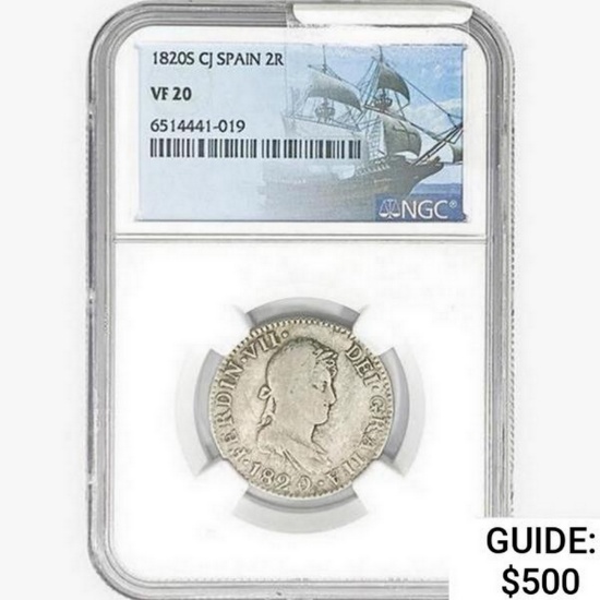 1820S .1767oz. Silver CJ Spain 2 Reales NGC VF20