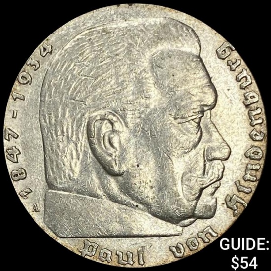 1935-A Germany Silver 5 Reichsmark CHOICE AU