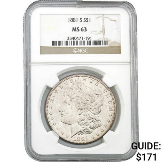 1881-S Morgan Silver Dollar NGC MS63  MS63