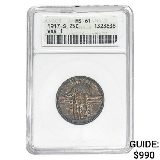 1917-S Standing Liberty Quarter ANACS MS61 VAR 1