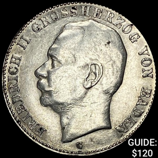 1909-G Baden Silver 3 Reichsmark UNCIRCULATED