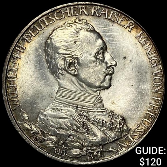 1913-A Germany William II Silver 3 Reichsmark UNCIRCULATED