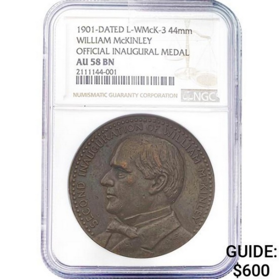 1901 Wm McKinnely Official Inaugral Medal NGC AU58 BN