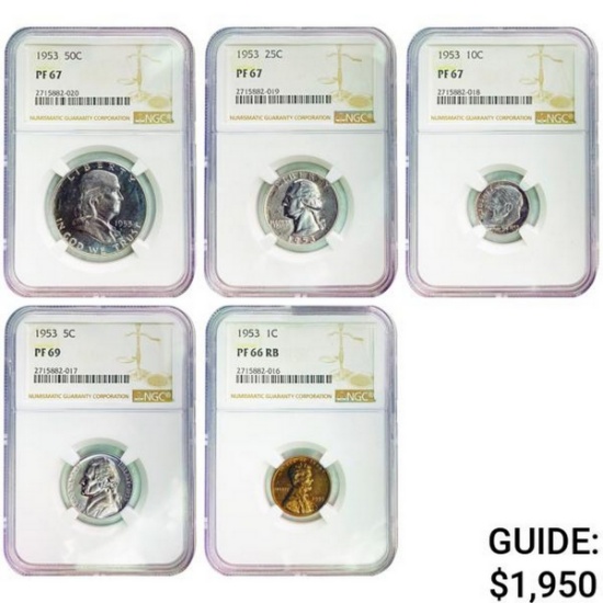 [5]1953 US Proof Set 1 Cent-50 Cent NGC PF66-69