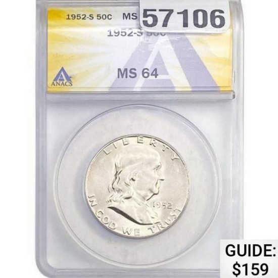 1952-S Franklin Half Dollar ANACS MS64
