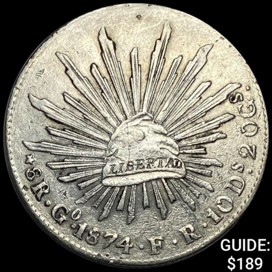 1874Go FR Mexico Silver 8 Reales Cap&Ray CLOSELY UNCIRCULATED
