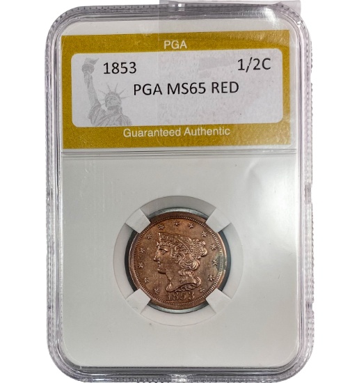1853 Braided Hair Half Cent PGA MS65 RED