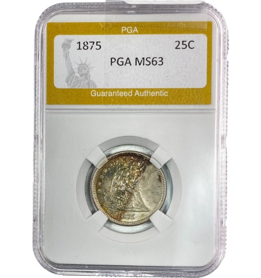 1875 Seated Liberty 25C PGA MS63