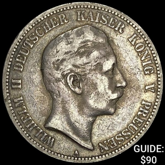 1894-A Prussia Silver 5 Reichsmark NEARLY UNCIRCULATED