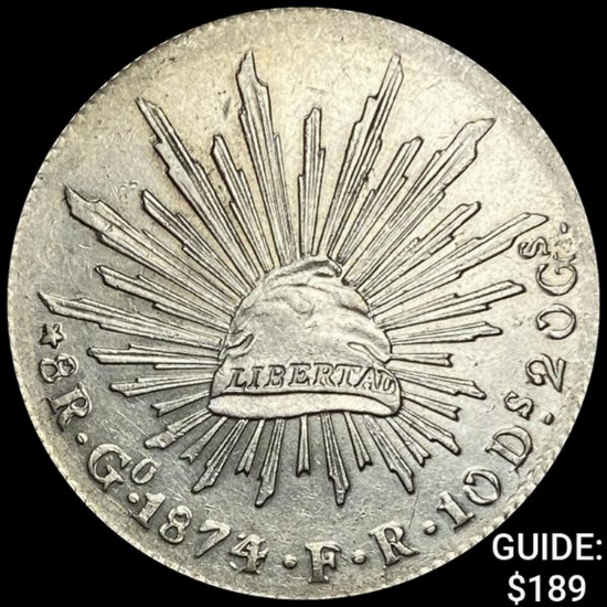 1874Go FR Mexico Silver 8 Reales Cap&Ray CHOICE AU