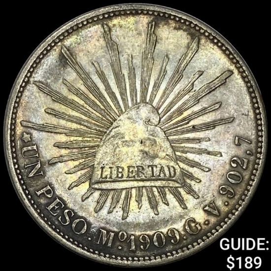1909Mo GV Mexico UN Silver Peso CHOICE AU