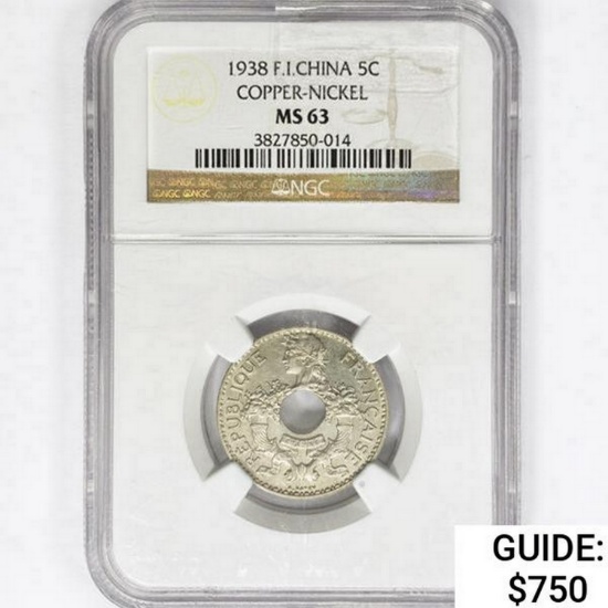 1938 French-Indo China 5 Cent NGC MS63