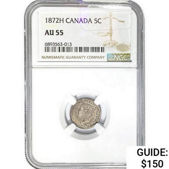 1872H Canada 5 Cents NGC AU55