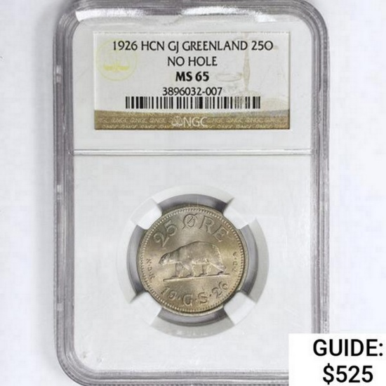 1926 HCN GJ 25O Greenland NGC MS65 No Hole