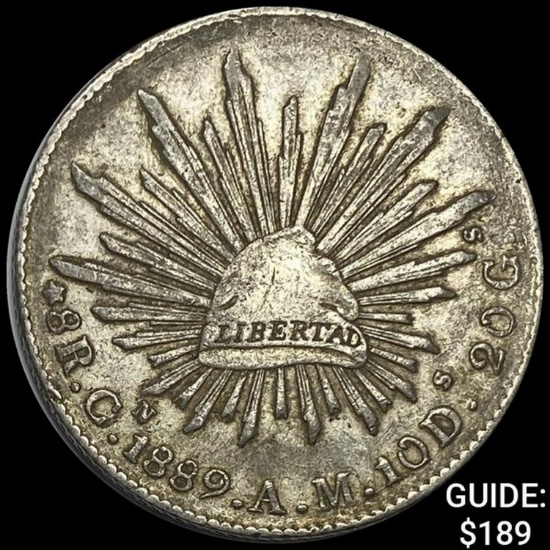 1889Cm AM Mexico Silver 8 Reales Cap&Ray NEARLY UNCIRCULATED