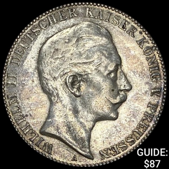 1909-A Germany Silver 3 Reichsmark NEARLY UNCIRCULATED