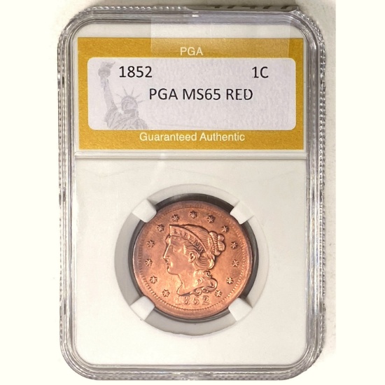 1852 Braided Hair Large Cent PGA MS65 RED