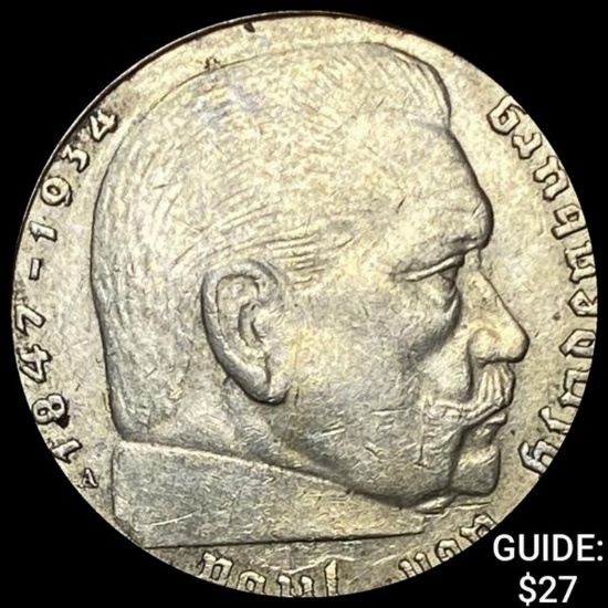 1937-A Germany Silver 2 Reichsmark CHOICE AU