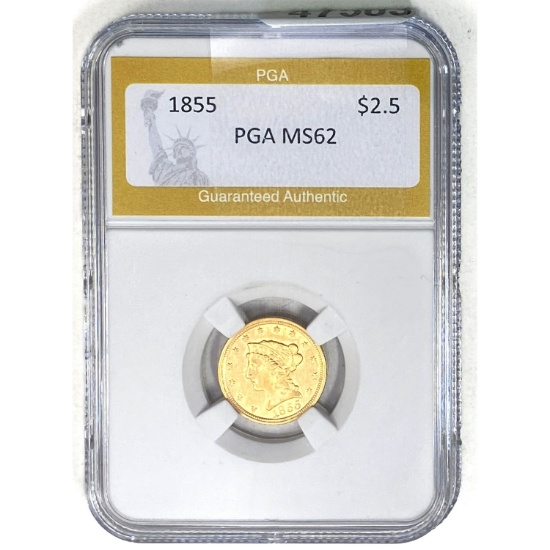 1855 $2.5 Gold Liberty Quarter Eagle PGA MS62