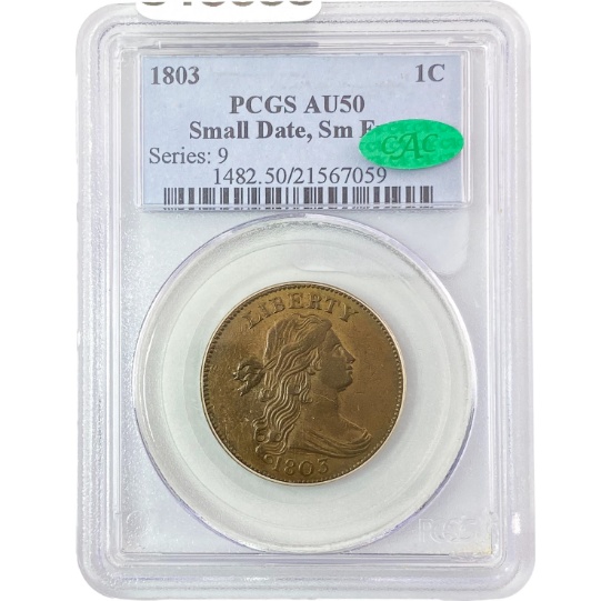 1803 Sm Dt, Sm Frac Draped Bust Large Cent PCGS AU50 CAC