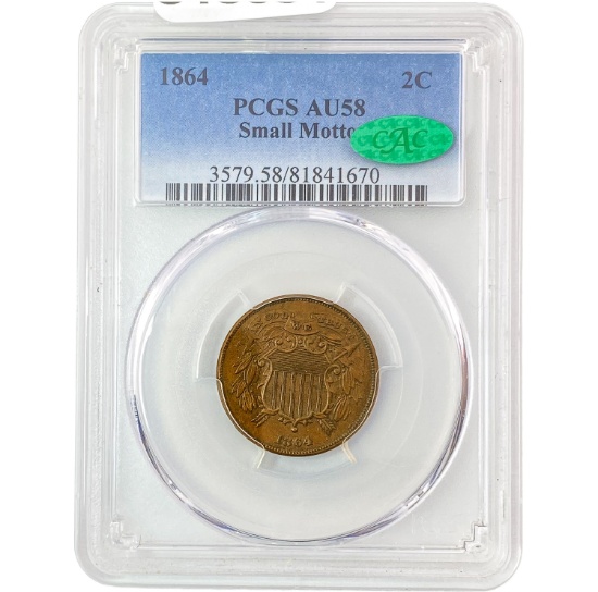 1864 Sm Motto Two Cent Piece PCGS AU58 CAC