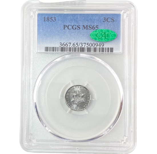 1853 Silver Three Cent PCGS MS65 CAC GEM