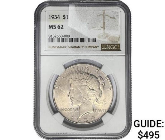 1934 Silver Peace Dollar NGC MS62