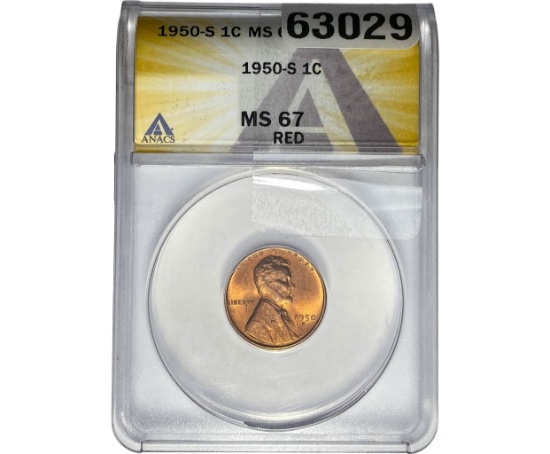 1950-S Wheat Cent ANACS MS67 RED