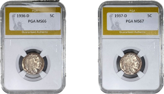 [2] 1936-1937 Buffalo Nickel PGA MS66-67
