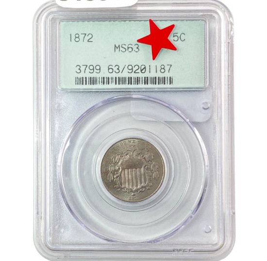 1872 Shield Nickel PCGS MS63 OGH PQ