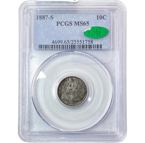 1887-S Seated Liberty Dime PCGS MS65 CAC GEM COLOR