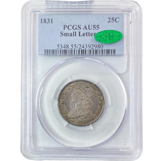 1831 Sm Letters Capped Bust Quarter PCGS AU55 CAC PQ