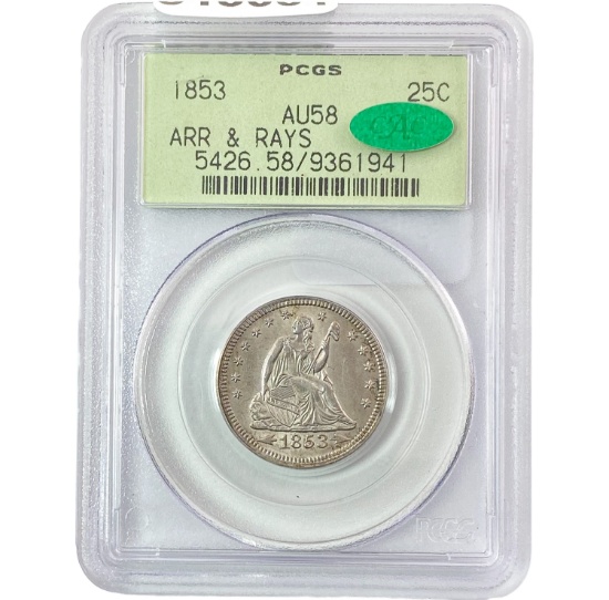 1853 Arrows and Rays Seated Liberty Quarter PCGS AU58 CAC OGH PQ