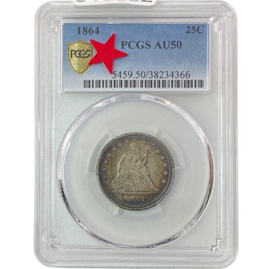 1864 Seated Liberty Quarter PCGS AU50 PQ COLOR