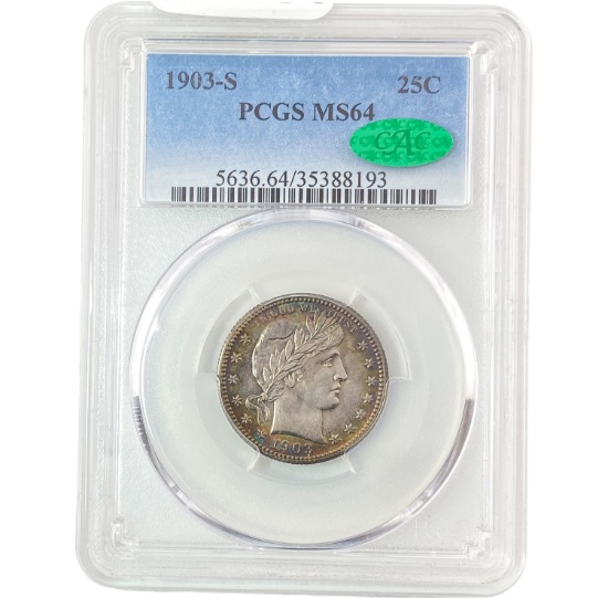1903-S Barber Quarter PCGS MS64 CAC PQ COLOR
