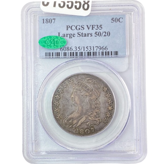 1807 Lg Star, 50/20 Capped Bust Half Dollar PCGS VF35 CAC PQ