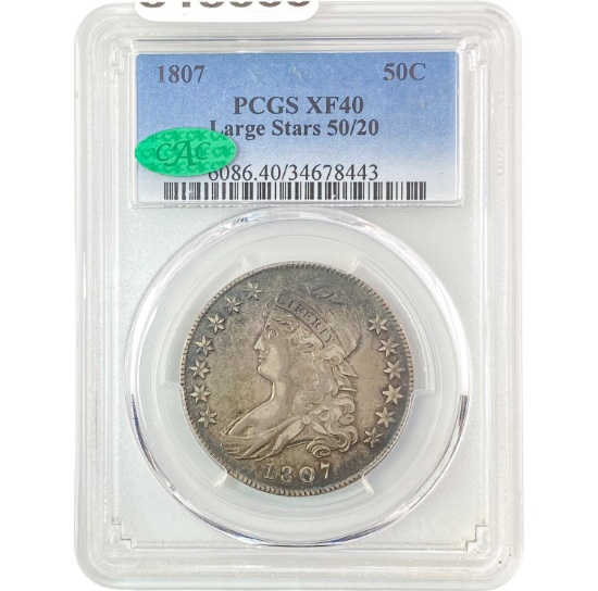 1807 Lg Star, 50/20 Capped Bust Half Dollar PCGS XF40 CAC PQ