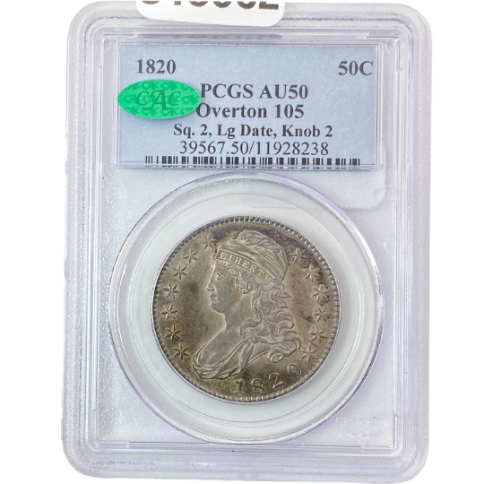 1820 O-105 Sq 2, Lg Dt, Knob 2 Capped Bust Half Dollar PCGS AU50 CAC PQ COLOR