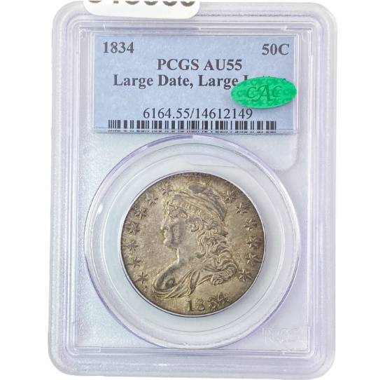 1834 Lg Dt, Lg Let Capped Bust Half Dollar PCGS AU55 CAC PQ