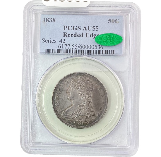 1838 Reeded Edge Capped Bust Half Dollar PCGS AU55 CAC PQ COLOR